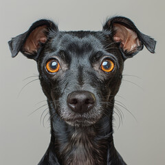 Wall Mural - Close-up of a black, attentive small dog with amber eyes High-resolution, realistic image focusing on the dogs face in a neutral background - AI-Generated