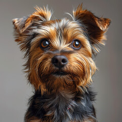 Wall Mural - Close-up studio portrait of a small dog with curly fur, possibly part Poodle, neutral expression, floppy ears, dark irises, light background - AI-Generated