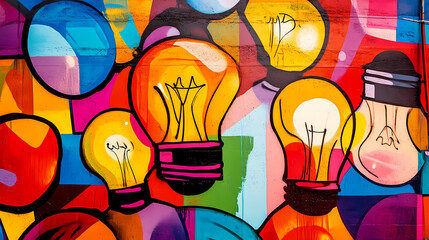 Wall Mural - Colorful abstract graffiti art featuring vibrant light bulb motifs on a wall with ample copy space for text and creative designs. Vibrant Street Graffiti Wall. Illustration