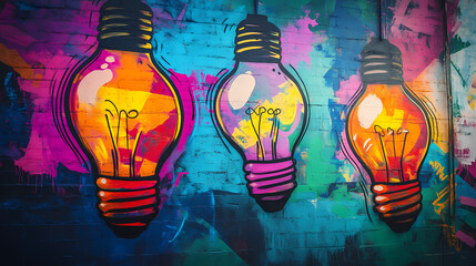 Wall Mural - Colorful abstract graffiti art featuring vibrant light bulb motifs on a wall with ample copy space for text and creative designs. Vibrant Street Graffiti Wall. Illustration