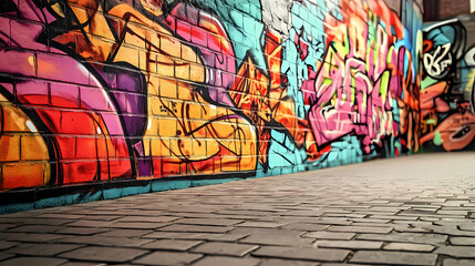 Wall Mural - Colorful graffiti art on a city wall with vibrant street art and urban landscape background. Vibrant Street Graffiti Wall. Illustration