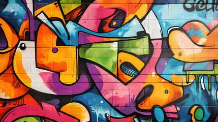 Wall Mural - Colorful graffiti art on a city wall with vibrant street art and urban landscape background. Vibrant Street Graffiti Wall. Illustration