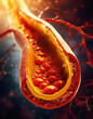© psychoshadow - Human artery problems clogged with bad cholesterol sediment. Atherosclerosis disease medical concept. Red blood cells blocked by plaque buildup of fatty compound as symbol of vascular illness