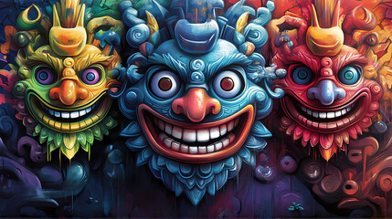 Wall Mural - Colorful monster faces in street art graffiti, vibrant urban wall mural. graffiti murals. illustration. Vibrant Street Graffiti Wall. Illustration