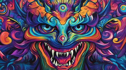 Wall Mural - Colorful monster faces in street art graffiti, vibrant urban wall mural. graffiti murals. illustration. Vibrant Street Graffiti Wall. Illustration