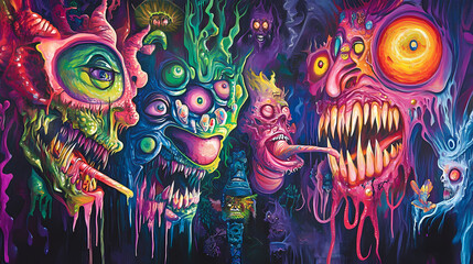 Wall Mural - Colorful monster faces in street art graffiti, vibrant urban wall mural. graffiti murals. illustration. Vibrant Street Graffiti Wall. Illustration