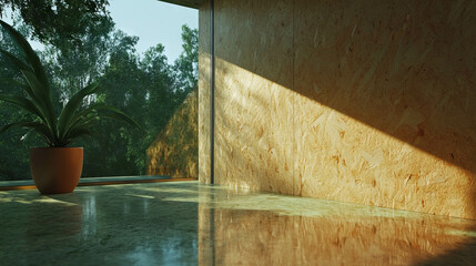 Poster - Modern interior design with sunlit osb panel and glass wall