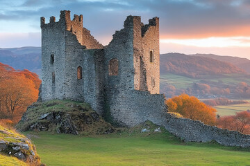 Wall Mural - A scenic view of Dinas Bran castle ruins set against a dramatic Welsh landscape