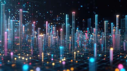 Poster - A glowing D bar chart in metallic colors, floating above a dark background with digital data points and arrows indicating upward trends, symbolizing business success.