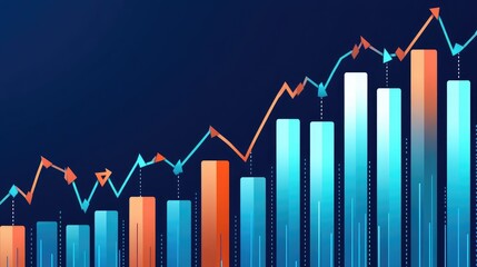 Poster - A glowing D bar chart in metallic colors, floating above a dark background with digital data points and arrows indicating upward trends, symbolizing business success.