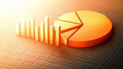 Poster - A glowing D pie chart with metallic tones, hovering over a dark, grid-like background. The slices expand outward, symbolizing data-driven insights and market analysis.