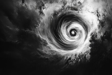 Poster - A captivating black and white photo capturing a swirling spiral vortex Gusts of wind swirling in a storm.