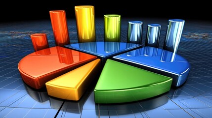 Fototapete - A modern D pie chart with shiny, transparent slices in vivid colors, floating in space. Each slice represents a different portion of sales or financial data.