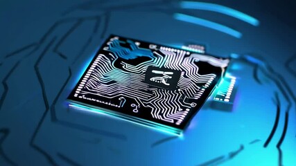 Aufkleber - Advanced artificial intelligence microchip slowly transforming across pulsing blue circuit board, symbolizing technological innovation and digital evolution of computing systems