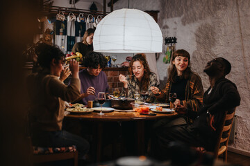 Poster - A warm and cheerful scene capturing a group of friends sharing a delightful dinner in a cozy indoor environment, filled with laughter and beautiful moments around the dining table.