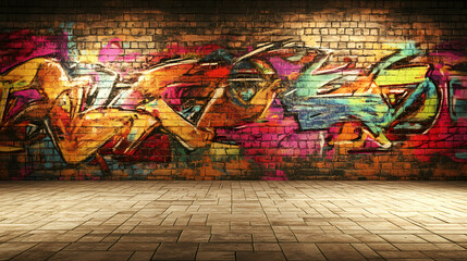 Wall Mural - Vibrant graffiti street texture, bold colorful sprays on a weathered wall with dynamic urban energy. Vibrant Street Graffiti Wall. Illustration