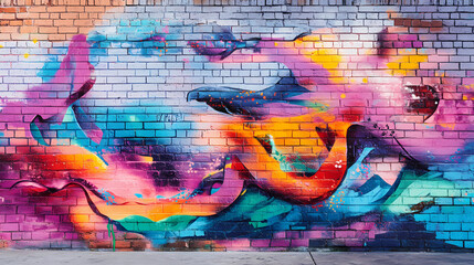Wall Mural - Vibrant street art mural on a brick wall, hyperrealistic photo. Vibrant Street Graffiti Wall. Illustration