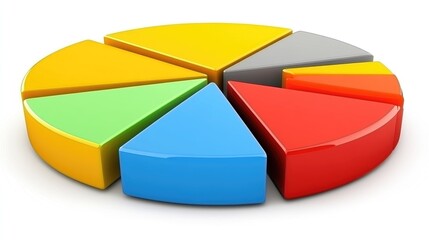 Fototapete - A rotating D pie chart with bold colors and segmented slices, representing different market shares. The chart is displayed against a white background with light reflections.