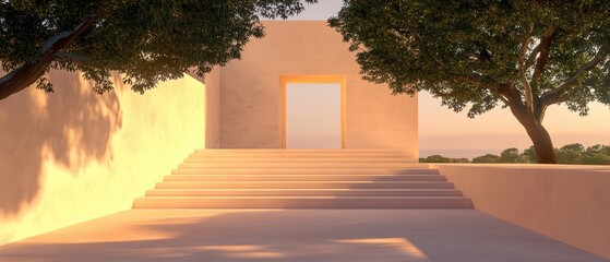 Poster - serene architectural structure at sunset coastal environment digital artwork peaceful view
