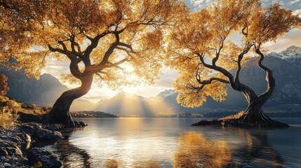 Aufkleber - Golden autumn trees by a serene lake with mountain backdrop at sunrise, reflecting in water. Nature and tranquility concept