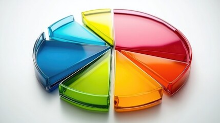Poster - A sleek D pie chart with glossy segments in various shades of red, blue, and green. The chart is set against a minimal white background, with subtle shadows for depth.