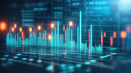 Poster - A sleek financial chart with bold lines representing stock market trends. Green lines show growth, while red lines depict declines, set against a high-tech data grid background.