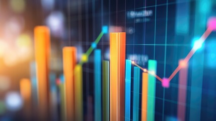 Poster - A vibrant D bar chart with transparent bars of different heights, set against a digital interface with glowing lines and data grids. The bars rise, showing financial statistics.