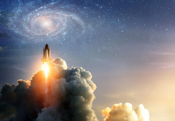 Wall Mural - the spaceship takes off into the starry sky. a rocket is launched into space. elements of this image
