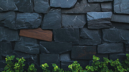 Fototapete - Rustic teak and dark stone wall texture with leafy base design for interior inspiration