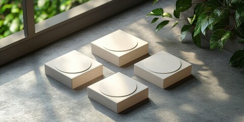 Poster - Decorative coasters arranged on a counter next to a window with greenery during daylight