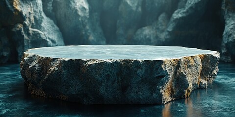 Poster - Stone platform surrounded by dark cavernous rocks reflecting water in a tranquil environment