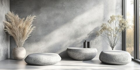 Poster - Modern indoor space with minimalist decor featuring stone furniture and natural elements in soft lighting
