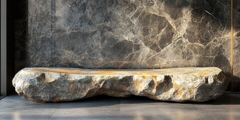 Poster - Unique stone bench placed against a textured dark wall in a modern interior setting with natural light