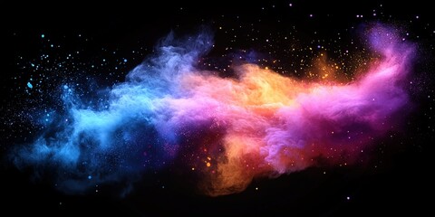Poster - Colorful cosmic cloud formation with swirling gases and sparkling stardust in dark space