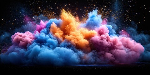 Poster - Colorful cloud explosion creating vibrant hues of blue, pink, orange, and purple against a dark background
