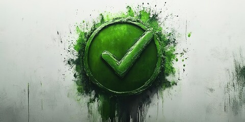 Poster - Green check mark symbol painted on a textured wall with splashes of paint highlighting approval and success