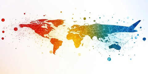 Poster - Global connectivity represented through vibrant colors and an airplane silhouette symbolizing international travel and communication