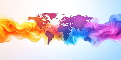 Poster - Colorful abstract representation of a world map with flowing swirls of vibrant hues highlighting global interconnectedness