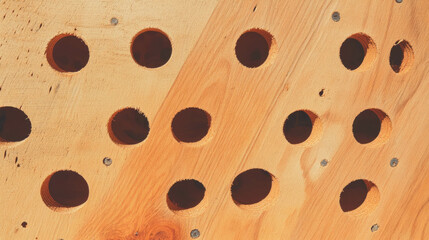 Poster - Abstract design with uniform circular holes on light wood surface for artistic and design use