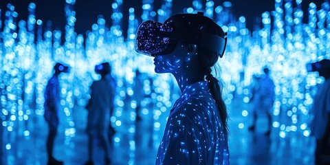 Poster - Virtual reality experience captivates participants in immersive blue-lit environment at a modern art exhibition venue