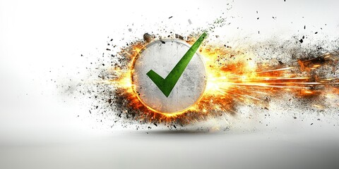 Poster - Explosive confirmation symbol with fiery effects and concrete background