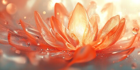 Poster - Beautiful glowing orange flower with delicate petals and shimmering droplets in soft light setting