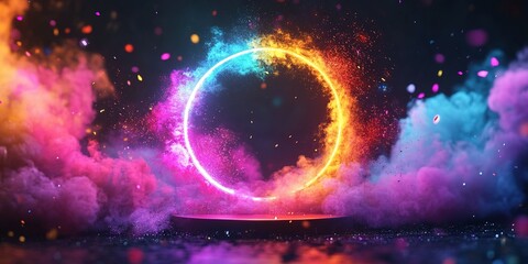 Fototapete - Vibrant glowing circle surrounded by colorful smoke creates a mystical atmosphere in a dark setting at night