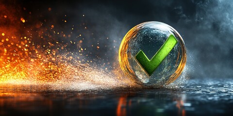 Poster - Bright green check mark inside a glass sphere surrounded by fiery sparks and smoke