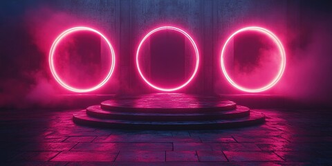 Poster - Illuminated circular designs set against a misty backdrop with dramatic lighting effects in a creative space