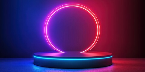 Poster - Bright neon circle on a podium with colorful lighting creating a vibrant atmosphere at a modern event space