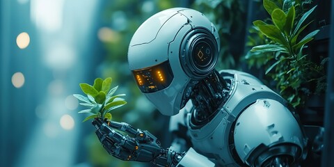 Poster - Robot caring for a small plant in a futuristic urban setting during daylight