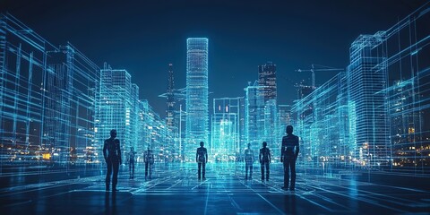 Poster - Futuristic cityscape with digital figures standing in a glowing urban environment at night