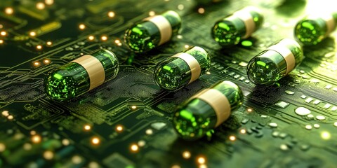 Poster - Capsules placed on a circuit board with glowing lights in a futuristic digital environment