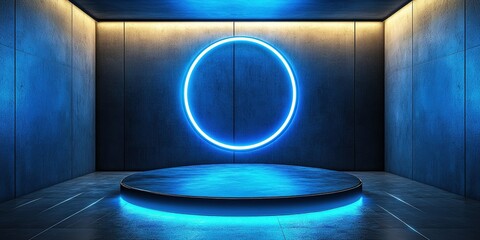 Poster - Modern illuminated stage with neon circle in a dark industrial space at night